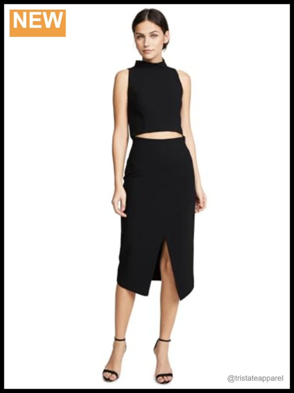 Two Piece Midi Dress Stretch Suiting Slit Skirt Mock Neck Work Professional
